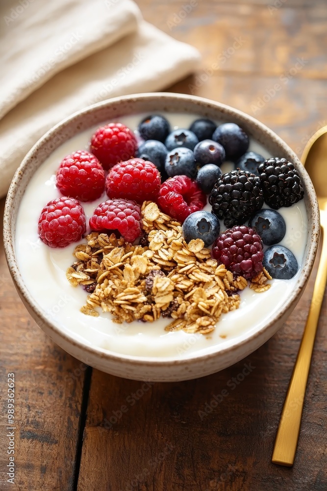 Vibrant Berry Yogurt Delight on Rustic Wooden Table - Healthy Breakfast Concept Vibrant Berry Yogurt Delight on Rustic Wooden Table - Healthy Breakfast Concept