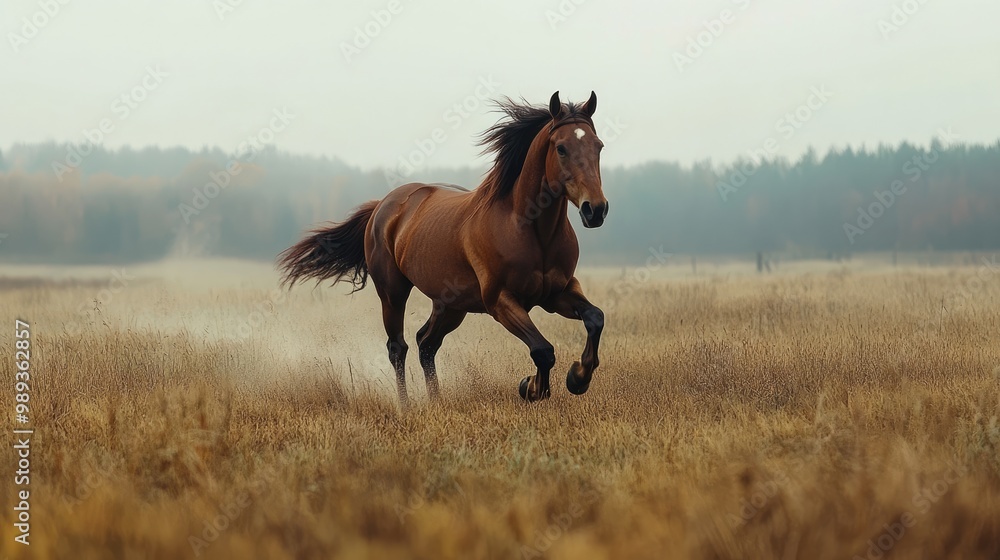 A Bay Horse Runs Through a Field of Tall Grass A Bay Horse Runs Through a Field of Tall Grass