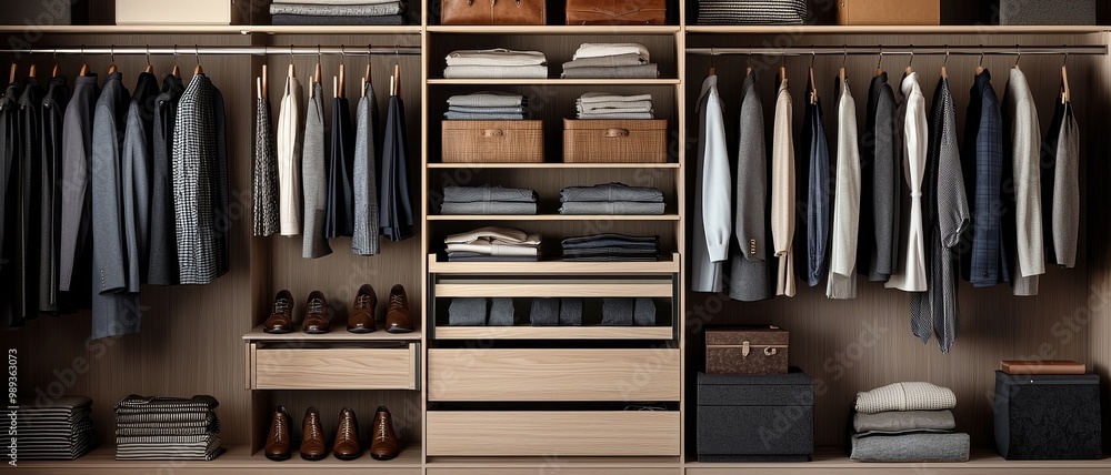 Symmetrical Elegance Minimalist Walk-In Closet with Organized Clothing, Warm Wood Tones, and Serene Atmosphere Symmetrical Elegance Minimalist Walk-In Closet with Organized Clothing, Warm Wood Tones, and Serene Atmosphere