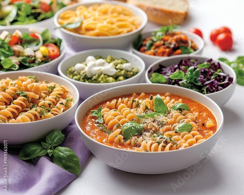 Vibrant Tomato Soup with Pasta and Basil in White Bowls Setting - Closeup Macro View of Festive Gourmet Meal, Luxurious Dining Experience