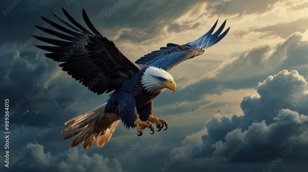 Obraz premium Bald Eagle Soaring Through Cloudy Sky