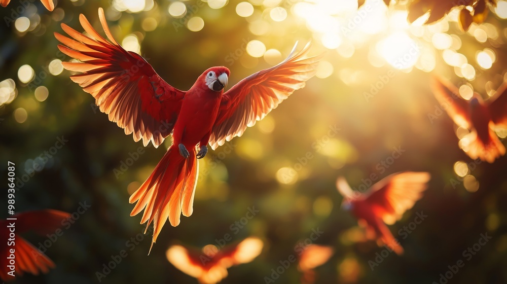 macaw bird flying in tropical jungle with nature bokeh light, elegance shot wings spread wide macaw bird flying in tropical jungle with nature bokeh light, elegance shot wings spread wide