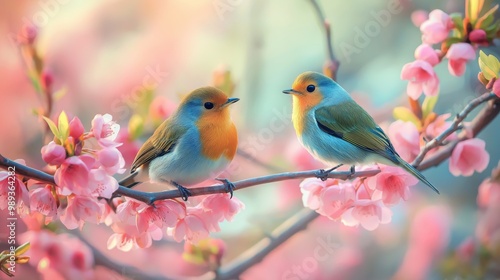 romantic couple lover birds in lush flower blossom nature landscape, tranquil forest photo