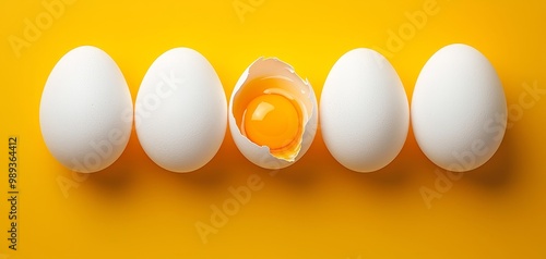 Vibrant Yellow Yolk Closeup Symmetrical Egg Row on Minimalist Background - Freshness Concept for Food Ads photo