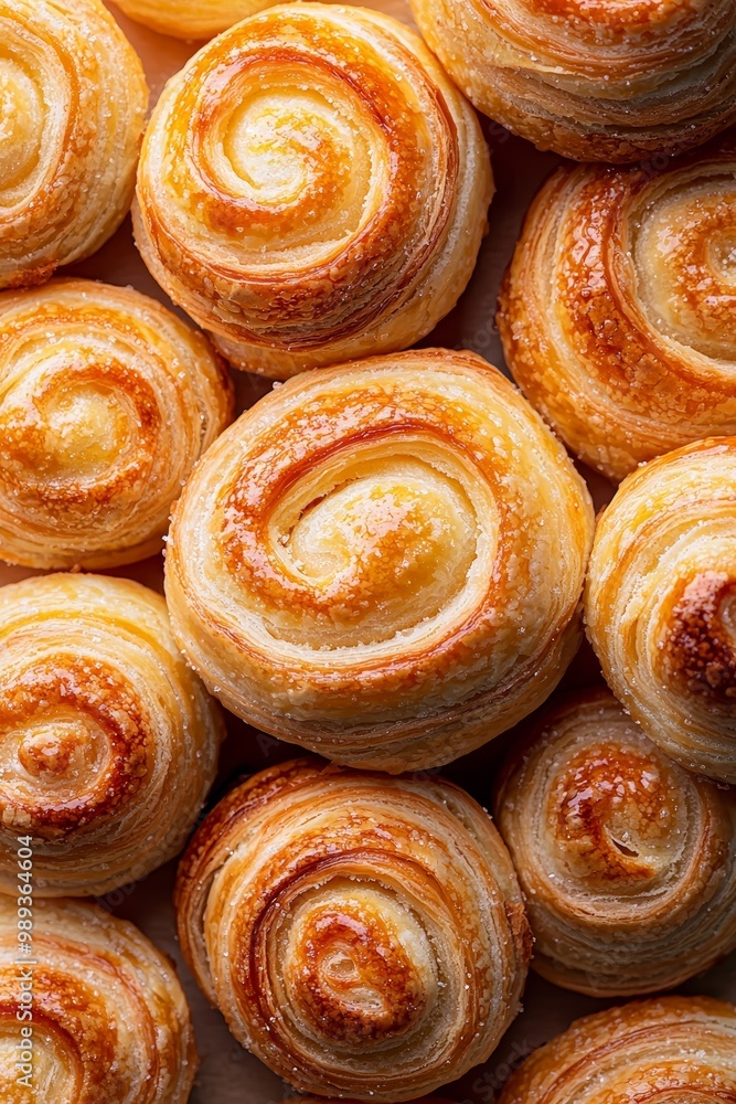 Fototapeta premium Golden Swirls of Indulgence Close-Up View of Irresistible Croissants on Wooden Surface, Warm and Inviting Atmosphere, Bakery Concept