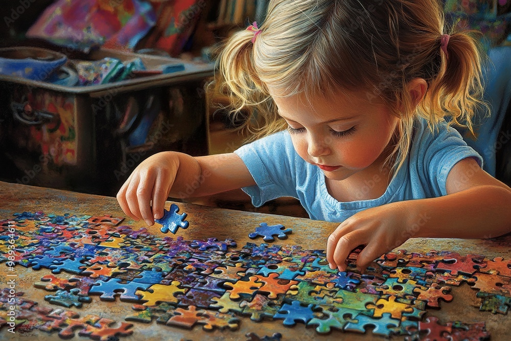 Illustration of a little girl, doing a puzzle in the playroom. Illustration of a little girl, doing a puzzle in the playroom.