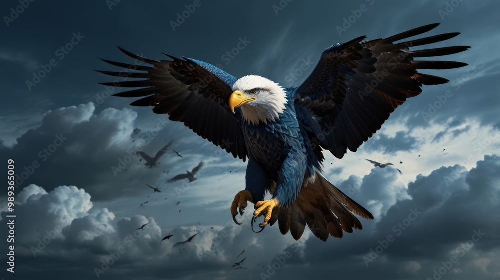 Obraz premium Majestic Bald Eagle Soaring Through Stormy Clouds