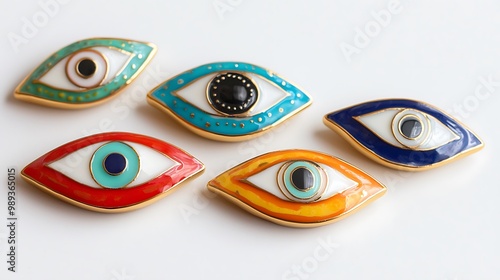 Vibrant Evil Eye Ceramic Pins Set on White Background photo