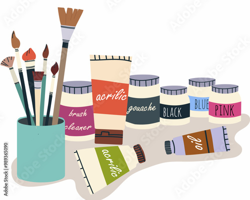 Paint brushes kit for drawing. Acrylic paints, oil, brush cleaner liquids in bottles. Flat vector illustration isolated on white background.
