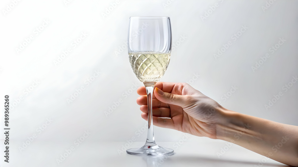Obraz premium A hand holding a crystal-clear wine glass on a white background