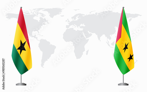 Ghana and Sao Tome and Principe flags for official meeting against background of world map.