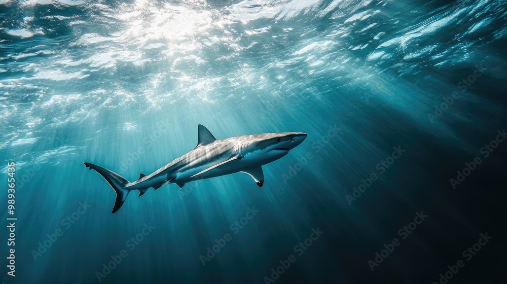 Fototapeta premium Shark Swimming in Sunlit Ocean