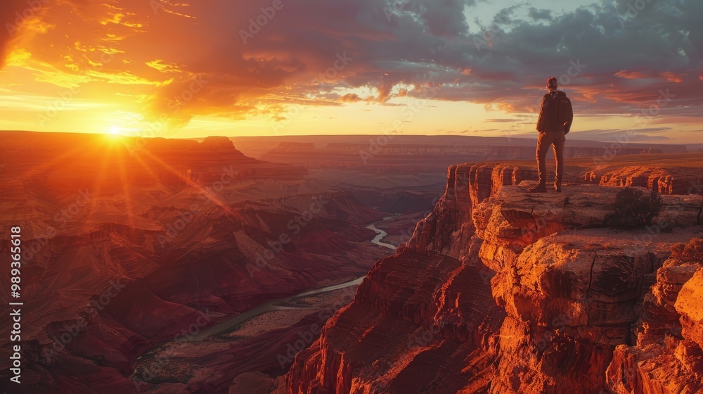 Fototapeta premium A lone figure stands on a cliff edge, silhouetted against a stunning sunset over a vast canyon.