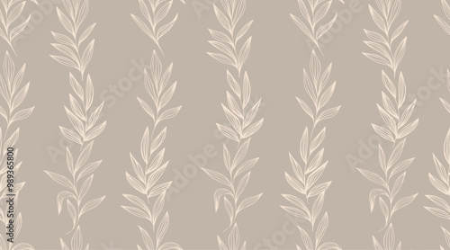 Pastel background of vertical strips of twigs, seamless pattern with leaves