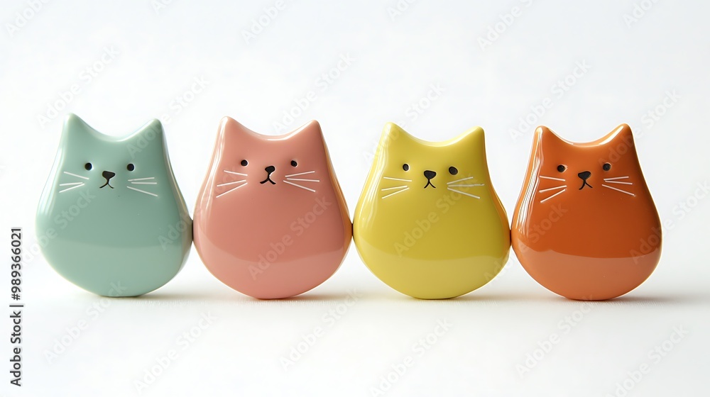 Fototapeta premium Whimsical Collection of Four Colorful Cat-Shaped Ceramic Pins on White Background