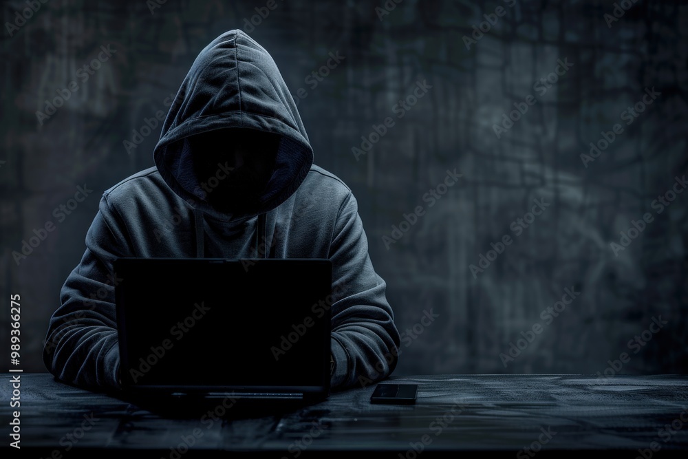 A man in a black hoodie is sitting in front of a computer monitor, generative ai image A man in a black hoodie is sitting in front of a computer monitor, generative ai image