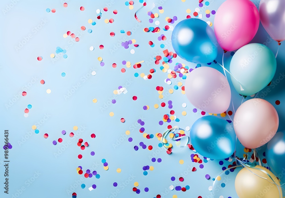 Colorful Balloons & Confetti on Blue Background Colorful Balloons & Confetti on Blue Background