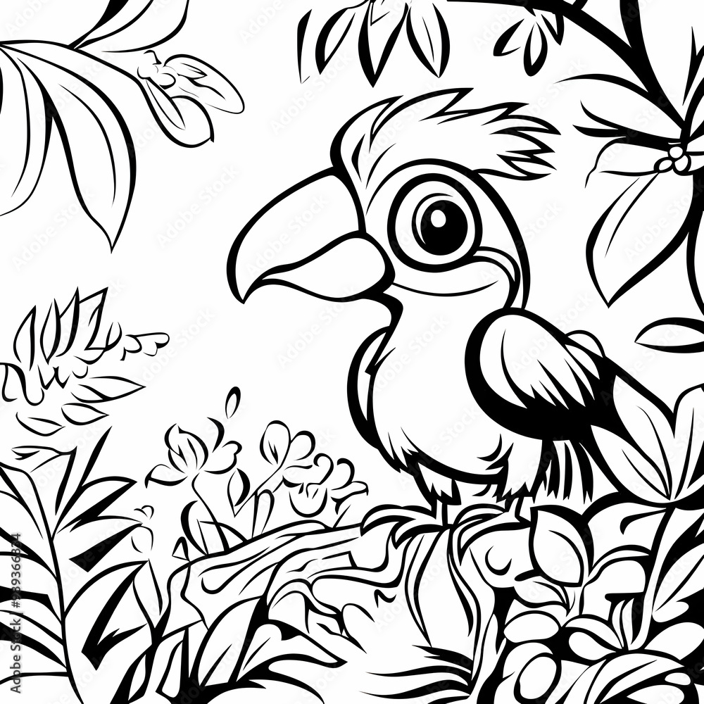 Cute Parrot Illustration with Tropical Plants Cute Parrot Illustration with Tropical Plants