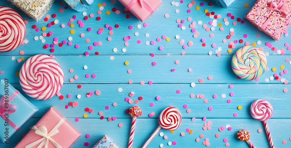 Fototapeta premium Birthday Party Background with Gifts, Confetti, Lollipops