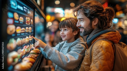 In a vibrant fast-food joint, a father and his young son excitedly browse the digital menu