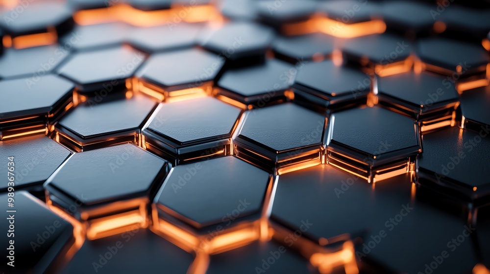 A close-up view of hexagonal patterns with a glowing effect, showcasing modern design and technology aesthetics. A close-up view of hexagonal patterns with a glowing effect, showcasing modern design and technology aesthetics.