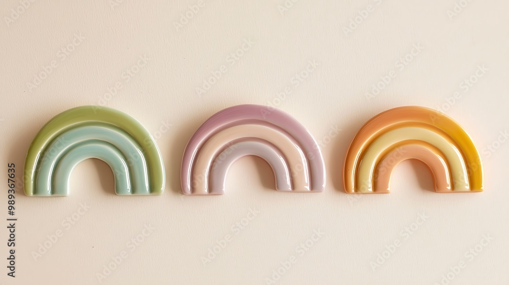 Obraz premium Delicate Pastel Ceramic Rainbow Pins on Soft Cream Background