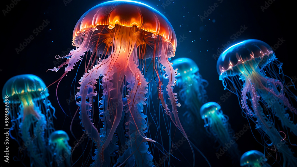 Obraz premium Radiant Jellyfish Drift in the Depths of the Ocean, Illuminating the Dark Abyss with Ethereal Glow and Graceful Movements