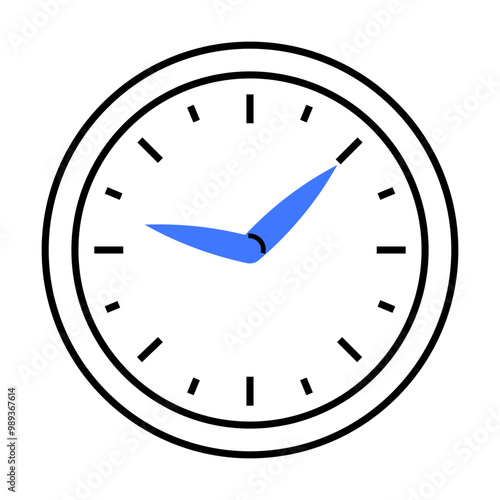 Simple black and white analog clock with blue hands and minimalist design. Ideal for time management, punctuality, scheduling, office decor, and reminders. Clear and precise vector style.