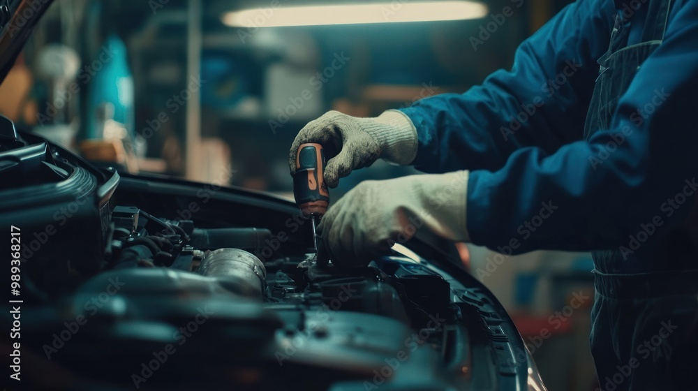 Mechanic Working on Car Engine Mechanic Working on Car Engine