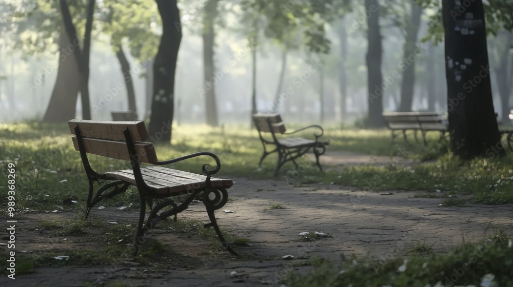 Early Morning Mist in Quiet Park with Empty Benches and Handwritten Community Sign Early Morning Mist in Quiet Park with Empty Benches and Handwritten Community Sign