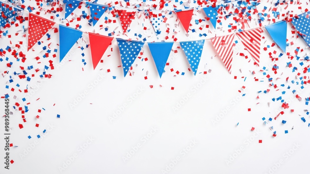 Obraz premium Colorful triangle flags and confetti on a white background. for festive celebration.