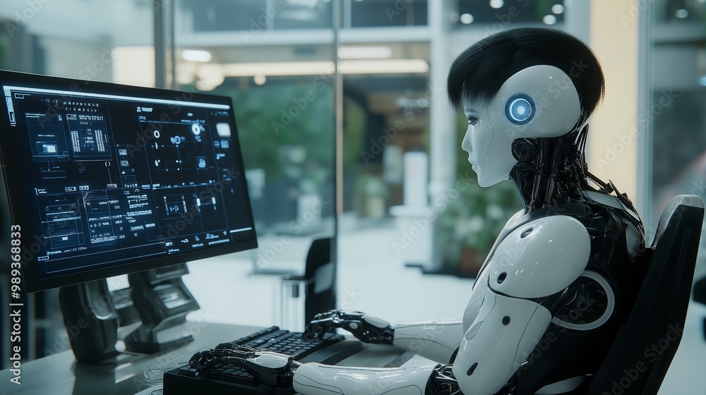 a robot working at high technology laboratory office environment with laptop
a robot working at high technology laboratory office environment with laptop