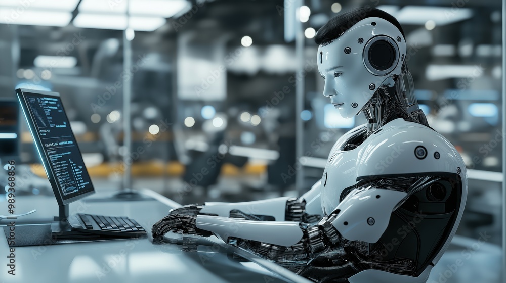 Fototapeta premium a robot working at high technology laboratory office environment with laptop