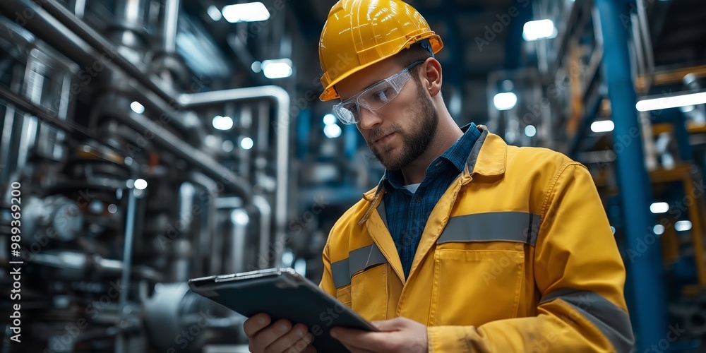 © QuietWord - an engineer reading paper document wearing protective gear at industry factory