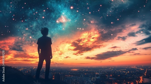 silhouette shadow of young boy standing at cliff top under starry night sky, twilight evening time, dreamy landscape