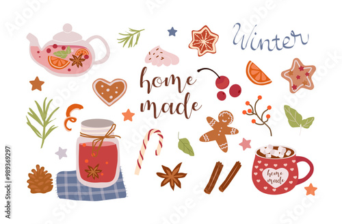 Set for making hot winter drinks. Cups, spices, berries, herbs and sweets.Vector illustration