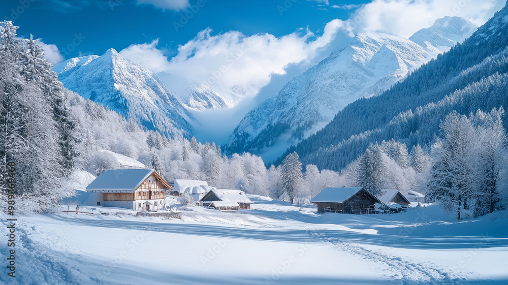 Fototapeta premium Highly detailed, amazing winter landscape, peaceful alpine valley with impressive snowy mountains, typical austrian or Swiss village. Snowy landscape, beautiful winter sport destination. Winter vacati