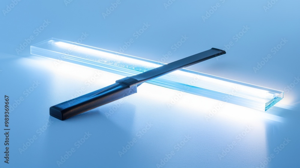 Black Knife on Glass Shelf with Neon Light Black Knife on Glass Shelf with Neon Light