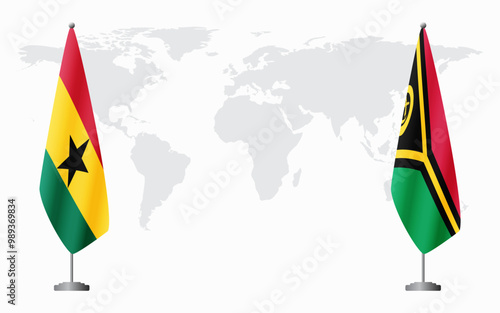 Ghana and Vanuatu flags for official meeting against background of world map.