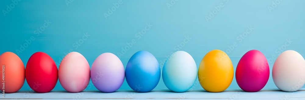 Colorful Easter Eggs Line on Blue Wooden Background Colorful Easter Eggs Line on Blue Wooden Background