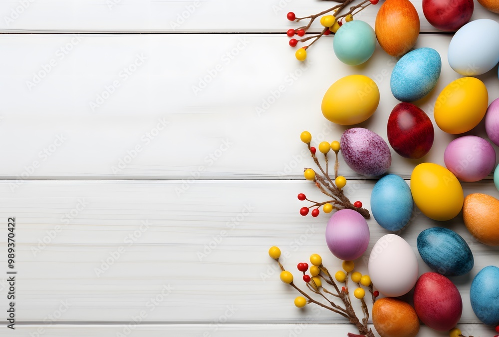 Obraz premium Colorful Easter Eggs Border on White Wood Background