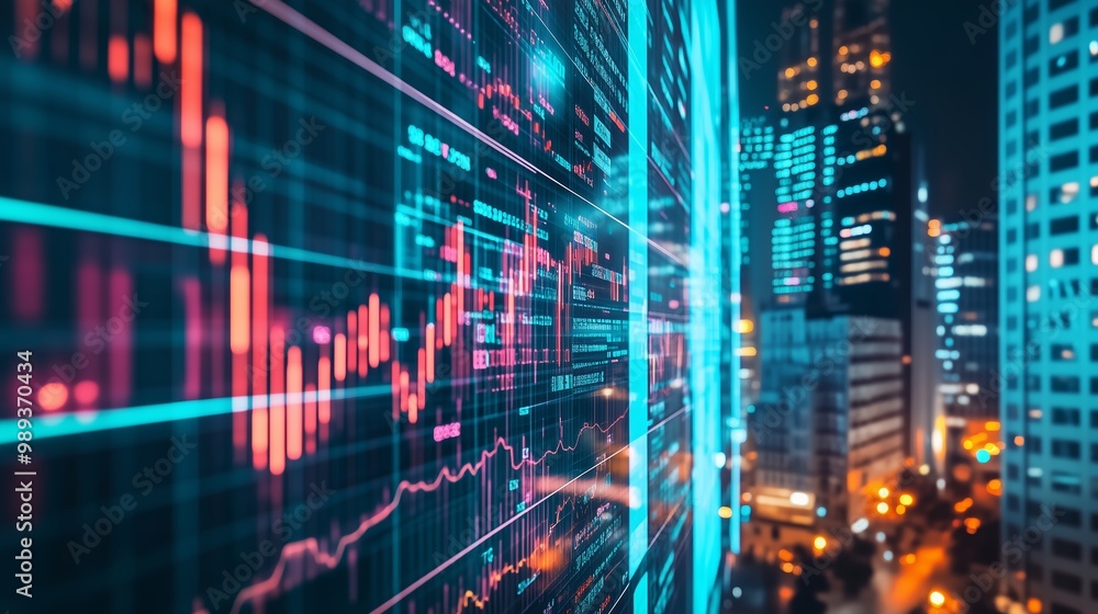 Vibrant financial data visualization displayed on a digital screen in a bustling city at night, showcasing market trends and activity Vibrant financial data visualization displayed on a digital screen in a bustling city at night, showcasing market trends and activity