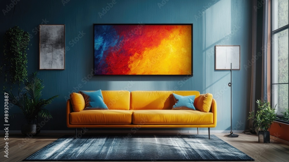 A vibrant abstract painting on a gallery wall, adding a pop of color to the room. A vibrant abstract painting on a gallery wall, adding a pop of color to the room.