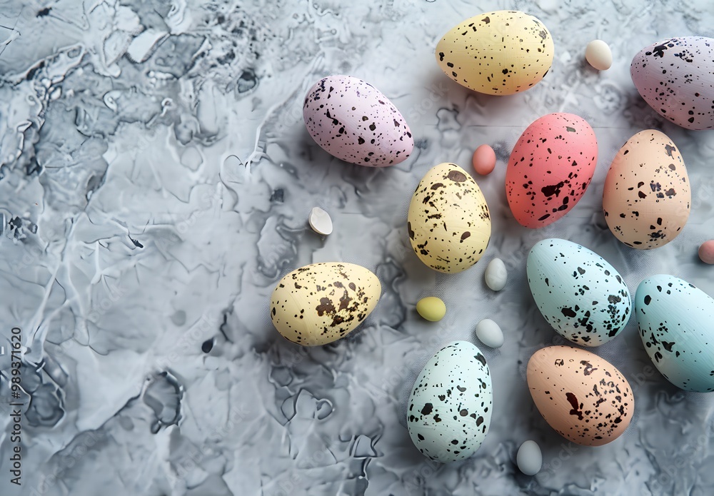 Obraz premium Colorful Easter Eggs Flat Lay on Grey Background