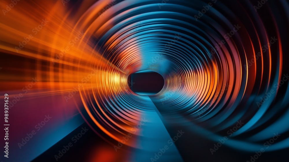 Cyberpunk futuristic endless way path tunnel with orange blue light glow, abstract background