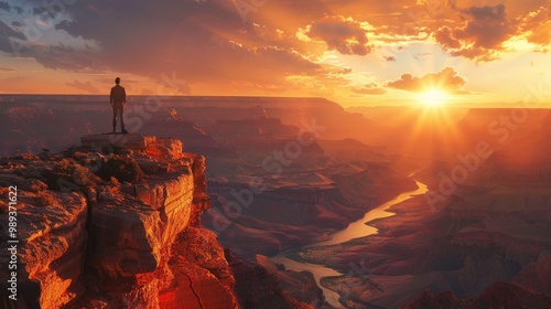 A lone figure stands on a cliff overlooking a vast canyon at sunset, bathed in golden light. photo