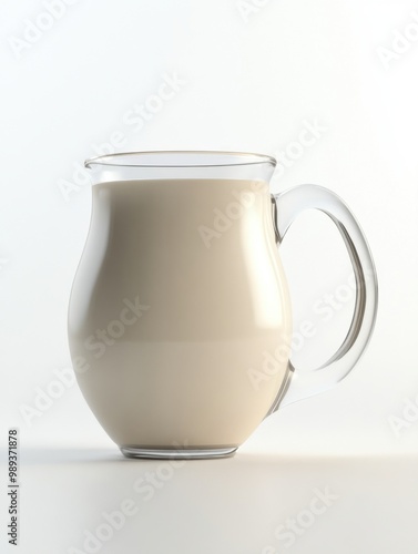 Creative Clear Glass Pitcher Filled with Fresh Milk On White Background.