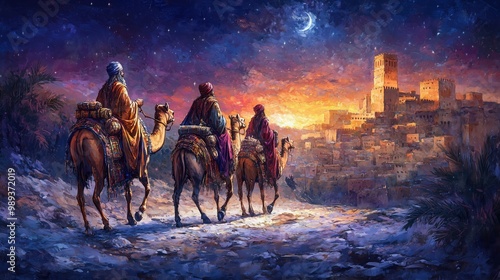A caravan of three Magi kings mags arriving in Bethlehem meet newborn baby Jesus, Christmas, an illustration like an oil painting by ancient painters style