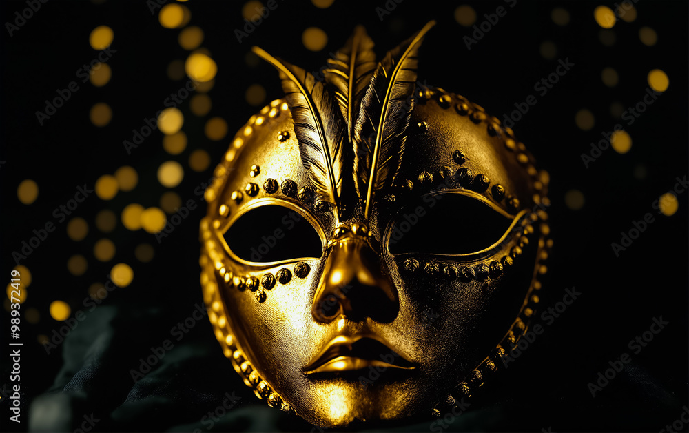 Close-up Venetian carnival mask on a dark background with gold decor. Masquerade for New Year and Christmas celebrations. Close-up Venetian carnival mask on a dark background with gold decor. Masquerade for New Year and Christmas celebrations.