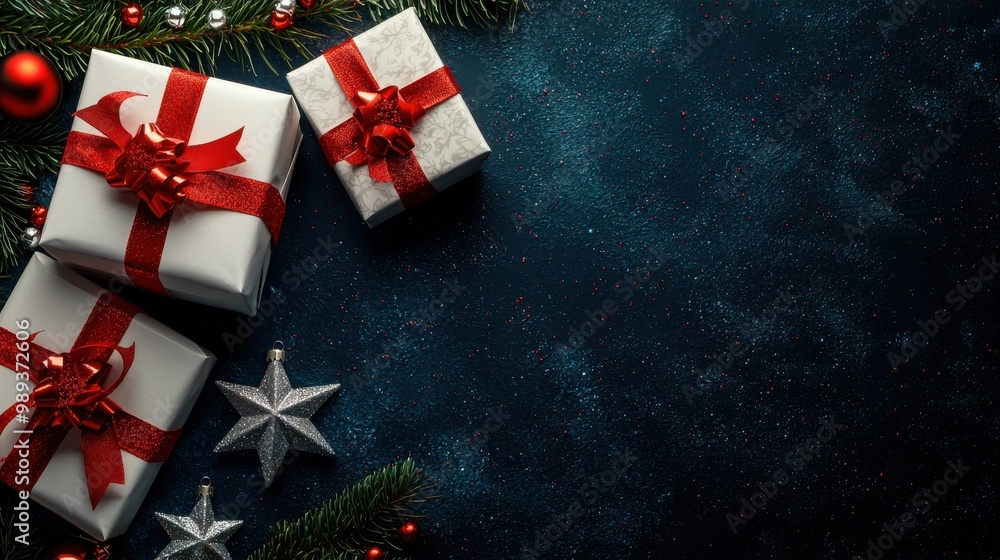 Christmas Gifts with Red Bows on Dark Background